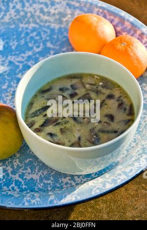 Pranzo leggero con zuppa di funghi fatta in casa con frutta fresca. - Foto Stock