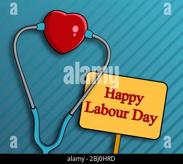 Poster o banner per una giornata di lavoro felice. 1° maggio Giornata internazionale del lavoro. Illustrazione di uno stetoscopio. Illustrazione Vettoriale
