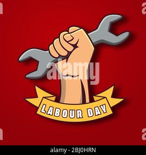 poster o banner per una giornata di lavoro felice. 1° maggio Giornata internazionale del lavoro. Illustrazione di una mano che tiene una chiave su uno sfondo rosso. Illustrazione Vettoriale