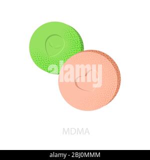 Compresse MDMA in verde e rosa con un alieno e cuore figura. Illustrazione Vettoriale
