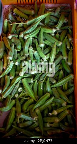 Okra in vendita in stalla agricola stradale, Cipro meridionale. - Foto Stock