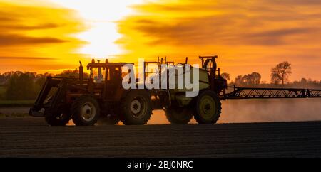 trattore agricolo con irroratrice sul campo al tramonto Foto Stock