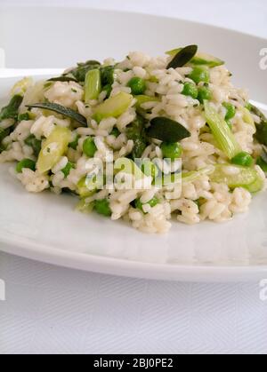 Piatto di risotto verde semplice, su piatto bianco come pranzo leggero o antipasto. - Foto Stock