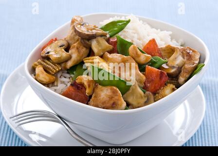 Piatto leggero e salutare di pezzetti di pollo fritti con verdure e noci di anacardi in salsa cinese su riso normale, servito in semplice ciotola bianca. SH Foto Stock