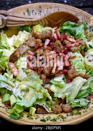 Insalata estiva all'aperto: Lattuga - batavia e romaine, crostini di pane a grano intero, erba cipollina tritata, pezzi di pancetta fritti e pepe macinato fresco con Foto Stock