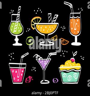 cocktail estivi su sfondo nero illustrazione vettoriale Illustrazione Vettoriale