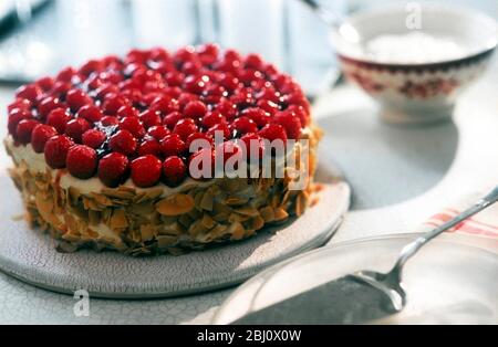 Torta di crema di celebrazione con lamponi freschi e mandorle tostate ai lati - Foto Stock