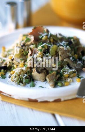 Mescolare la friggitrice di pollo, funghi selvatici, mais dolce, sedano, prezzemolo piatto, riso, piselli, - Foto Stock