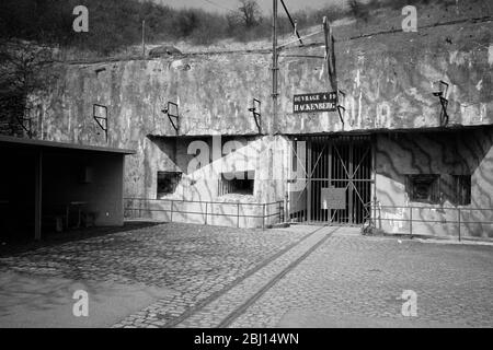 Il sistema bunker di Fort Hackenberg fa parte della linea Maginot che è stata costruita come difesa dopo la i WW lungo il fiume Reno, Alsazia, Francia Foto Stock