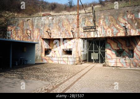 Il sistema bunker di Fort Hackenberg fa parte della linea Maginot che è stata costruita come difesa dopo la i WW lungo il fiume Reno, Alsazia, Francia Foto Stock