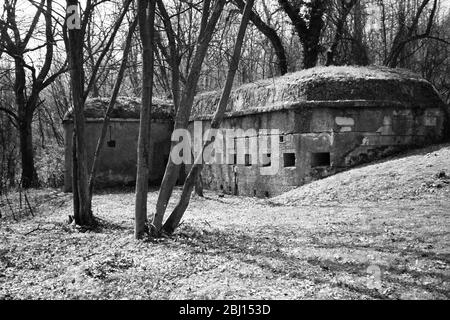 Il sistema bunker di Fort Hackenberg fa parte della linea Maginot che è stata costruita come difesa dopo la i WW lungo il fiume Reno, Alsazia, Francia Foto Stock