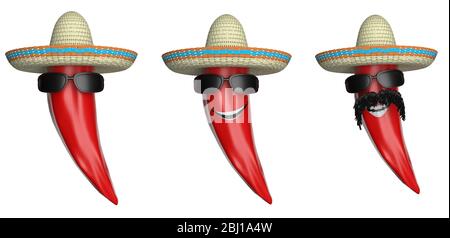 Peperoncino rosso piccante isolato ritaglio su sfondo bianco. Emoticon evoluzione peperoni messicani con cappello sommrero, occhiali da sole, baffi e un grande sorriso. Foto Stock