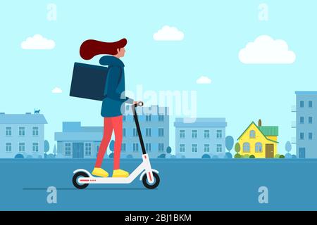 Consegna giovane ragazza courier guida scooter elettrico con confezione prodotto scatola. Concetto di servizio di spedizione veloce sulla strada della città. Illustrazione logistica vettoriale attiva hipster adulto millennial sul paesaggio urbano Illustrazione Vettoriale