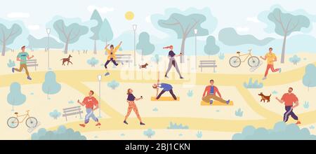 Le persone che godono di fitness all'aperto nel parco pubblico Illustrazione Vettoriale