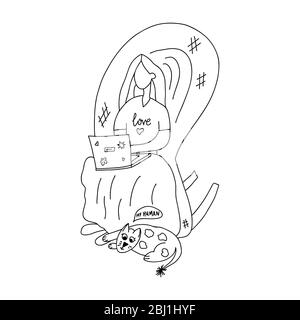 Dootle disegnato a mano circa isolamento. La ragazza è seduta su una sedia a razzo che lavora su un computer portatile. Gatto si trova ai suoi piedi.. Illustrazione di un vettore. Illustrazione Vettoriale