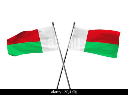 Madagascar bandiere incrociate isolato su uno sfondo bianco. Il rendering 3D Foto Stock