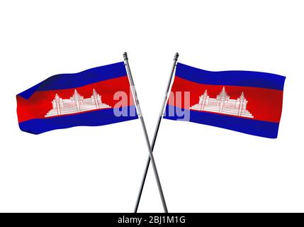 Cambogia bandiere incrociate isolato su uno sfondo bianco. Il rendering 3D Foto Stock