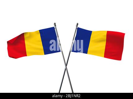 La Romania bandiere incrociate isolato su uno sfondo bianco. Il rendering 3D Foto Stock