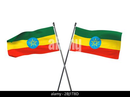 Etiopia bandiere incrociate isolato su uno sfondo bianco. Il rendering 3D Foto Stock