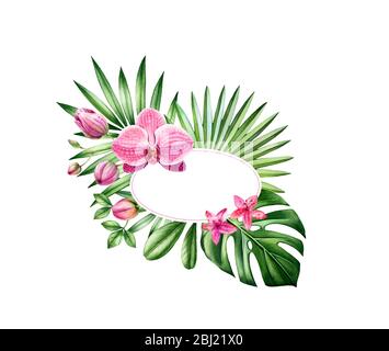 Banner floreale acquerello. Cornice ovale con posto per il testo. Grandi fiori rosa di orchidee e foglie di palma. Sfondo tropicale dipinto a mano per logo e carte Foto Stock