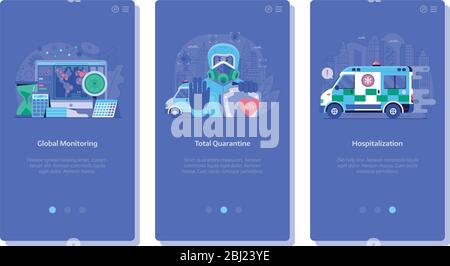 Schermate dell'interfaccia utente World Virus Pandemic per l'applicazione medica Illustrazione Vettoriale