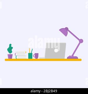 Ufficio con le necessità. Un computer portatile su un tavolo con una lampada, libri e una tazza di caffè. Design piatto, illustrazione vettoriale Illustrazione Vettoriale