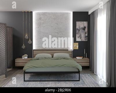 rendering 3d di nuovo design interno della camera da letto loft Foto Stock