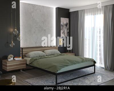 rendering 3d della nuova camera da letto loft Foto Stock