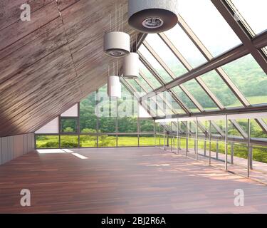 rendering 3d di nuovi interni loft in legno con grandi finestre Foto Stock