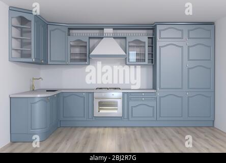 rendering 3d del nuovo classico interno cucina con legno duro Foto Stock