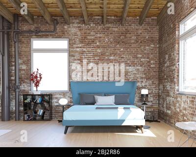 rendering 3d di nuova camera da letto industriale loft. Foto Stock