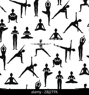 Il motivo senza cuciture con belle ragazze che fanno yoga pone silhouette nere. Su sfondo bianco. Illustrazione Vettoriale