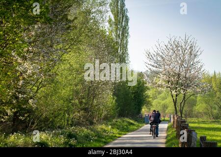 La pista ciclabile della valle della Ruhr a Wetter-Wengern, Ruhr Area, Renania settentrionale-Vestfalia, Germania. Der Ruhrtalradweg bei Wetter-Wengern, Ruhrgebiet, Nordrhei Foto Stock