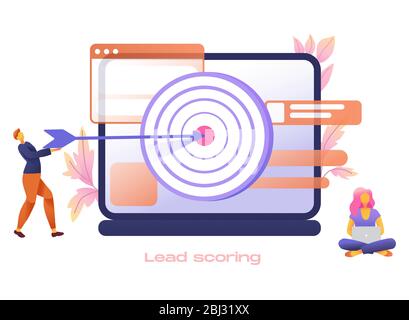 Leader uomo d'affari con obiettivo enorme e donna, lavoro di squadra, vettore disegno piano. Vittoria, raggiungimento degli obiettivi, raggiungimento degli obiettivi, successo del team aziendale, targeting. Illustrazione Vettoriale