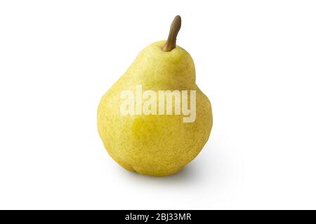 Frutti di pera gialli maturi e succosi isolati su sfondo bianco con ombra, nitidezza. Il desiderio di prendere e mangiare una pera fresca pronta a mangiare. Foto Stock