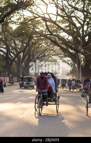 Dhaka / Bangladesh - 14 gennaio 2019: Risciò che trasporta i passeggeri in una bella strada circondata da alberi verdi Foto Stock