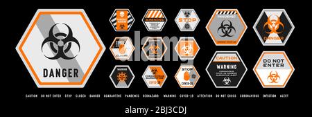 Set di segni di pericolo biologico e di divieto per la quarantena di coronavirus covid-19. Design nero e arancione ad alto dettaglio. Allarme epidemico e pandemico. Illustrazione Vettoriale