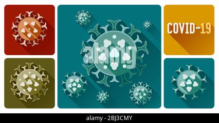 Collezione di colorate icone piatte COVID-19 infezione da coronavirus con ombra lunga. Progettare elementi con illustrazioni vettoriali di virus stilizzate. Illustrazione Vettoriale