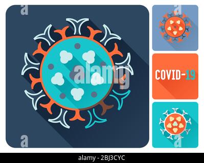 COVID-19 Set di icone a lunga ombra piatta per infezione da coronavirus. Progettare elementi con illustrazioni vettoriali di virus stilizzate. Illustrazione Vettoriale