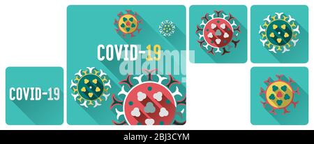 Set di icone piatte COVID-19 per infezione da coronavirus con ombre lunghe. Progettare elementi con illustrazioni vettoriali di virus stilizzate. Illustrazione Vettoriale