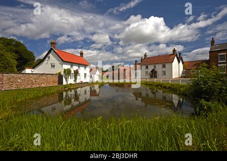 Cottages a Bishop Burton riflesso nel villaggio stagno. Foto Stock