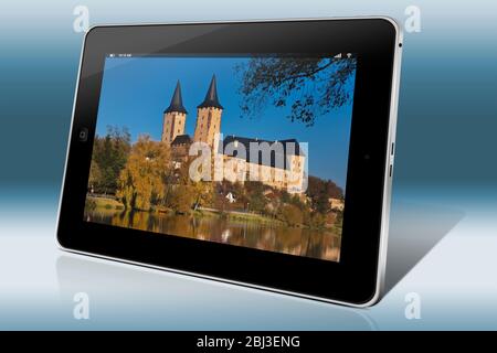 Vista sulla Zwickauer Mulde fiume al Rochlitz Castello, più di mille anni, Rochlitz, in Sassonia, Germania, Europa Foto Stock