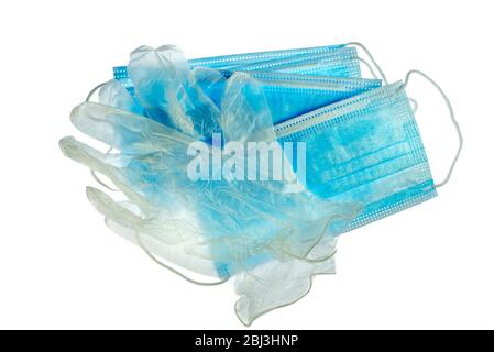 Guanti e maschere facciali/maschere facciali monouso in plastica trasparente per evitare la diffusione di germi durante la pandemia del virus COVID-19/coronavirus/corona Foto Stock