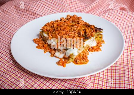 Deliziose lasagne caserecce in stile italiano preparate con salsa di carne e mozzarella Foto Stock