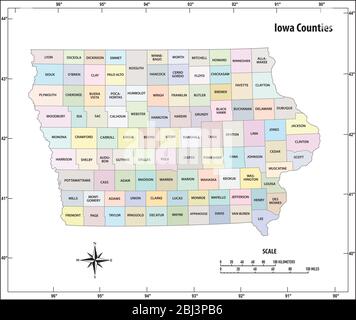 Lo stato dello Iowa delineano a colori la mappa vettoriale amministrativa e politica Illustrazione Vettoriale