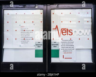 Avviso sulla porta di Vets ora pratica a Charing Cross a Glasgow permettendo nessuno all'ospedale a meno che non informino del loro arrivo come risultato di blocco durante la pandemia di coronavirus britannico. Foto Stock