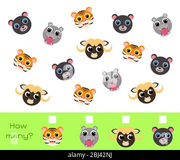 Gioco di conteggio per bambini con immagini. Gioco educativo per bambini e bambini in età prescolare. Attività di sviluppo per bambini in età prescolare Illustrazione Vettoriale