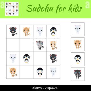 Sudoku gioco per bambini con foto. Foglio attività bambini. Gioco educativo per bambini e bambini in età prescolare. Set di simpatici animali da cartoni animati. Illustrazione Vettoriale