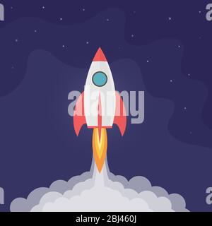 Lancio di razzi. Astronave in galassia. Design piatto, concetto aziendale. Illustrazione vettoriale. Foto Stock