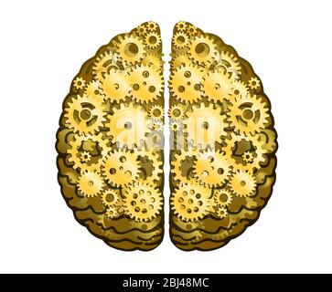 Cervello umano meccanico vettoriale. Emisferi cerebrali, convoluzioni della mente cervello. Ruote e ingranaggi in metallo dorato, processo di pensiero e di scoperta Illustrazione Vettoriale